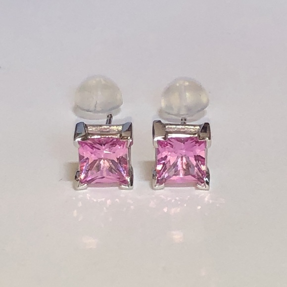 Real Solid 14K White Gold Princess Cut Pink Solitaire Gemstone Stud Earrings - Picture 1 of 12